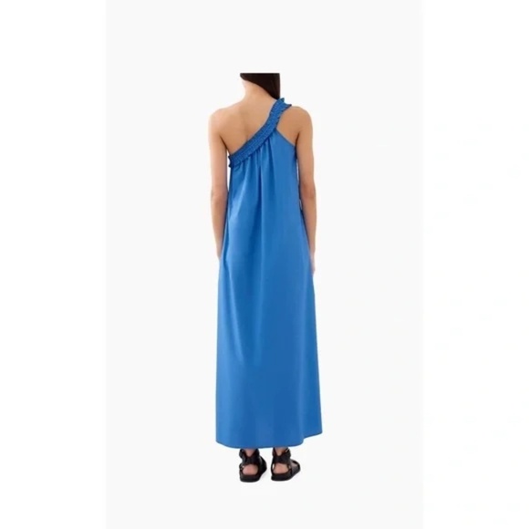 Bird n Knoll XL Blue Donatella Poplin Maxi Stretch Dress One Shoulder Pockets - Picture 9 of 9
